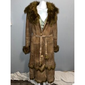 Wilsons Leather Penny Lane Maxima Suede Fur Trimmed Long Trench Coat Brown  M